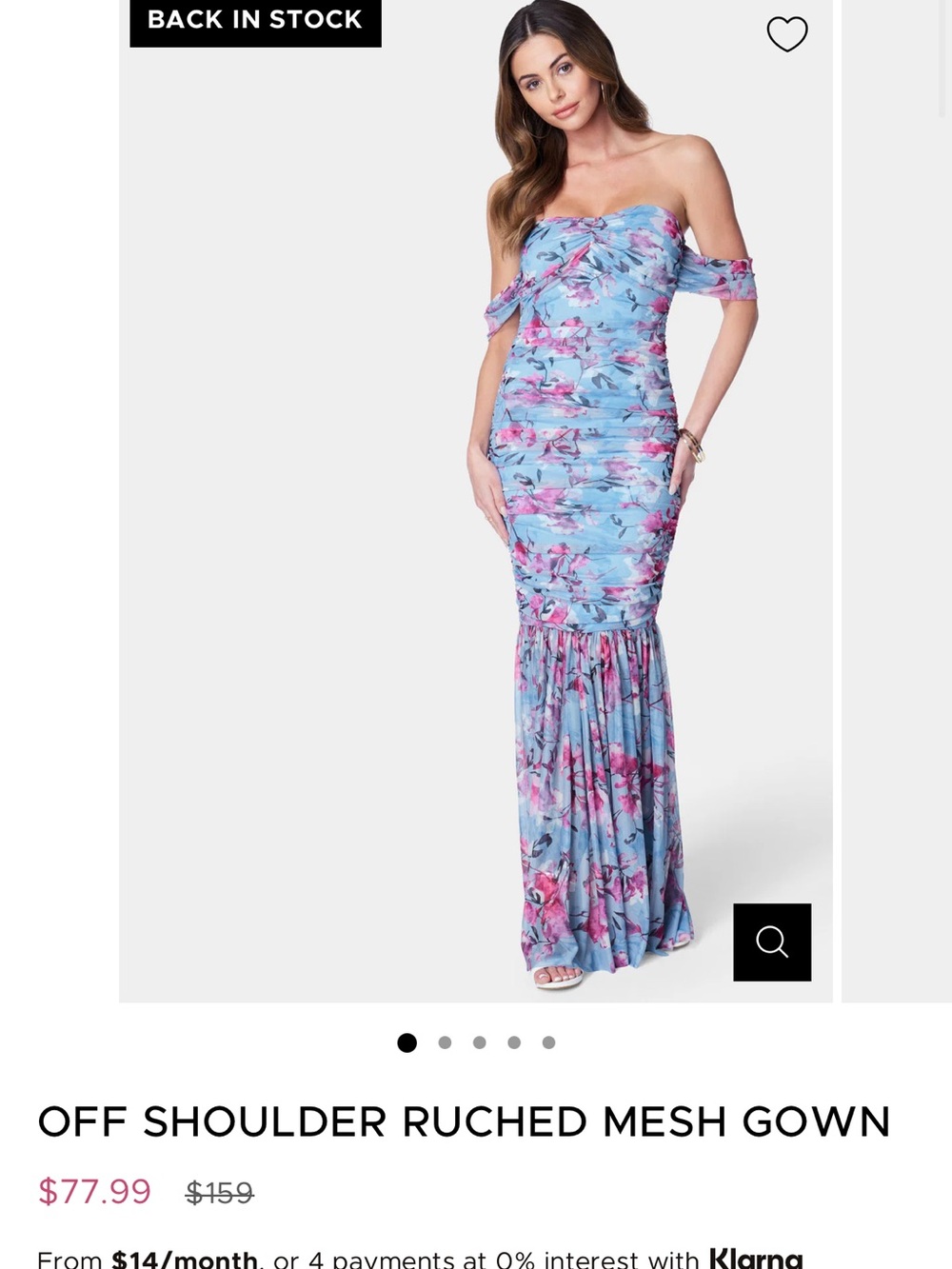 bebe Blue and Pink Floral Off-Shoulder Ruched Maxi Dress